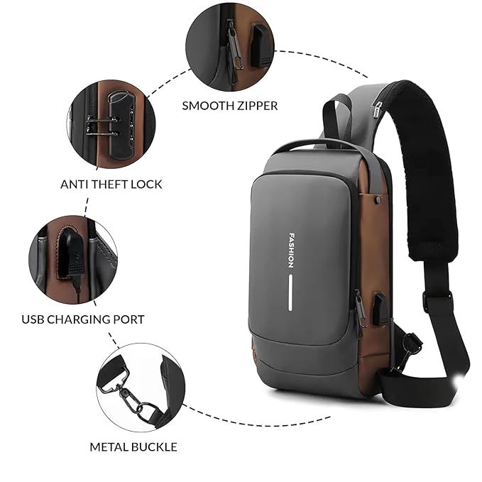 Anti-Theft Waterproof Sling Bag with USB Charging Port. Product Dimensions: 32 cm Γ 21 cm Γ 9 cm