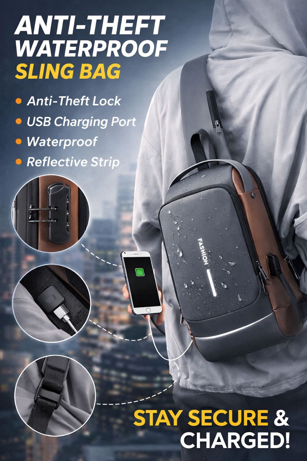 Anti-Theft Waterproof Sling Bag with USB Charging Port. Product Dimensions: 32 cm × 21 cm × 9 cm