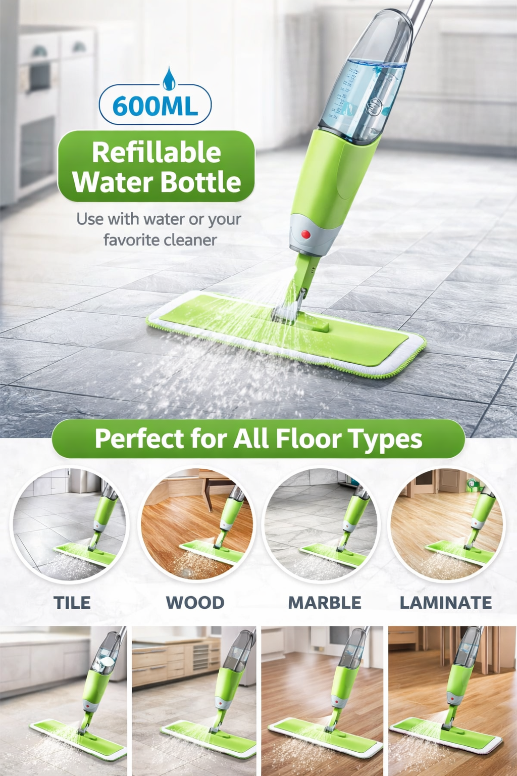 360° Rotating Spray Mop with 600ML Refillable Bottle – Smart Floor Cleaning System