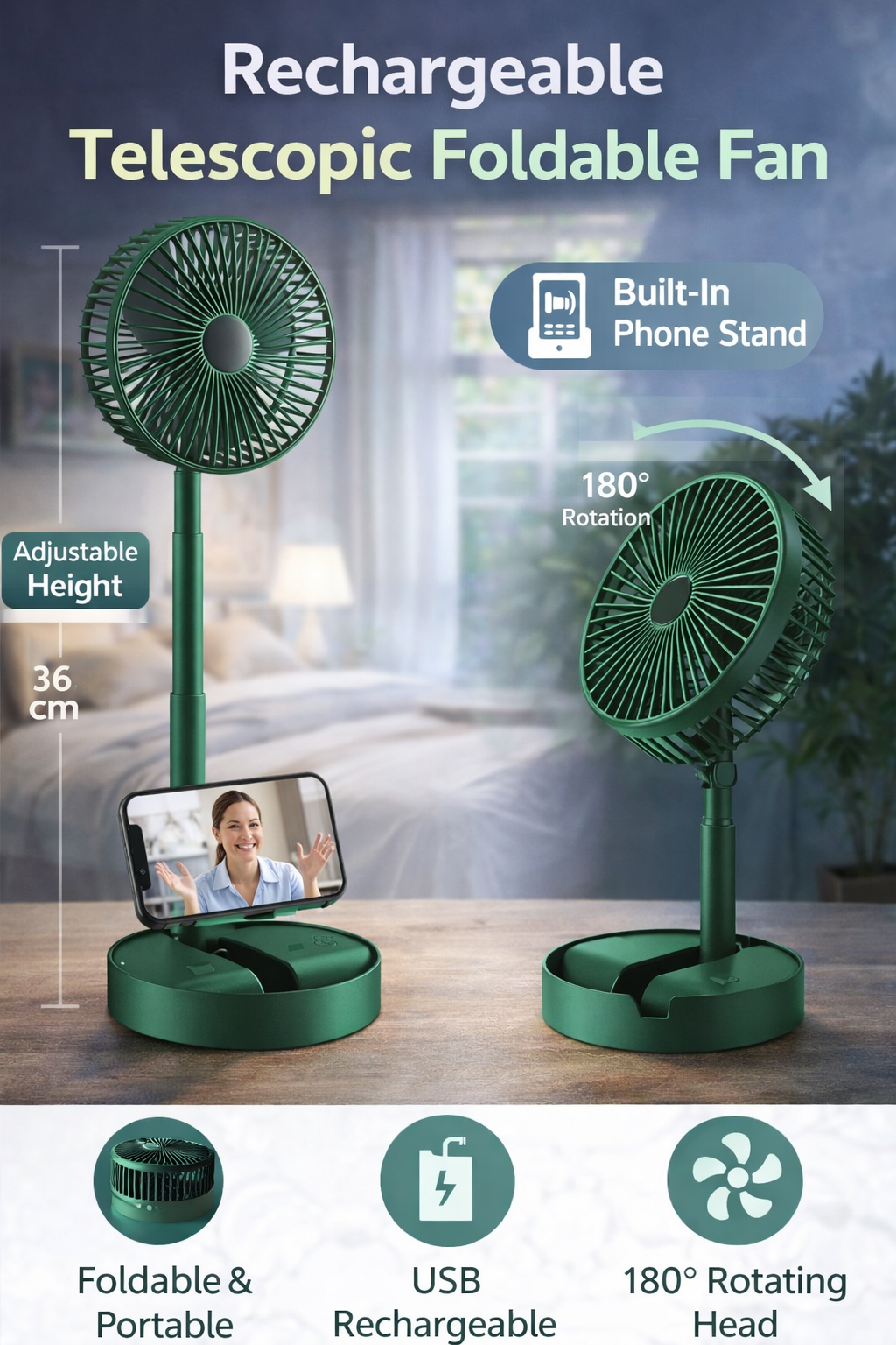 Rechargeable Telescopic Foldable Fan – Portable, Adjustable & Powerful Cooling Anywhere!