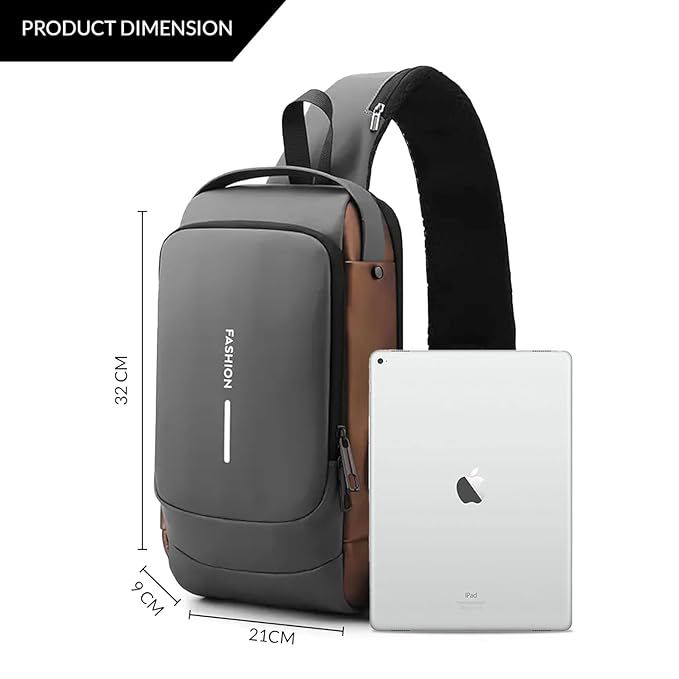 Anti-Theft Waterproof Sling Bag with USB Charging Port. Product Dimensions: 32 cm × 21 cm × 9 cm